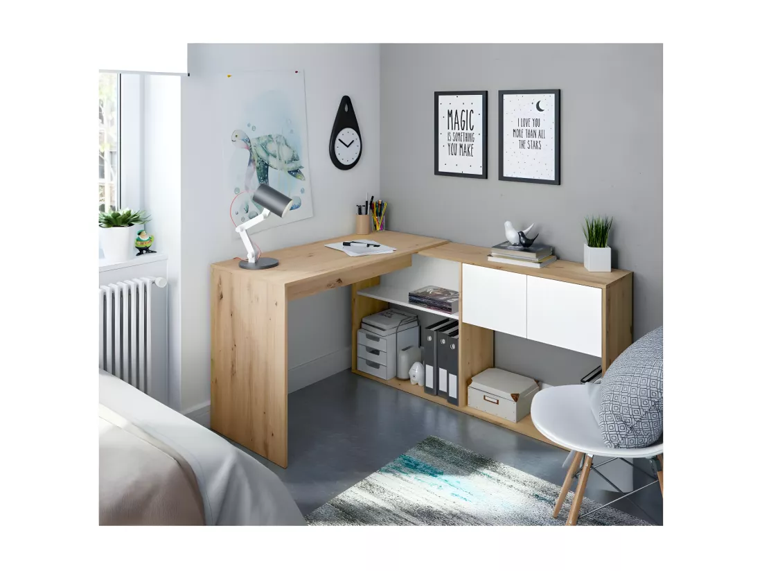 Bureau modulable avec étagères Blanc/Chêne - AIKI