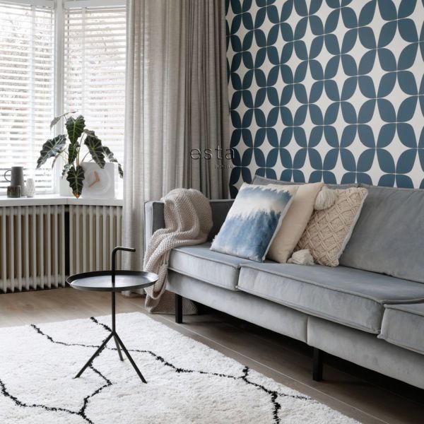 Estahome Grafisch Motief VIII - 0,53 x 10,05 m - Vergrijsd Donkerblauw / Wit