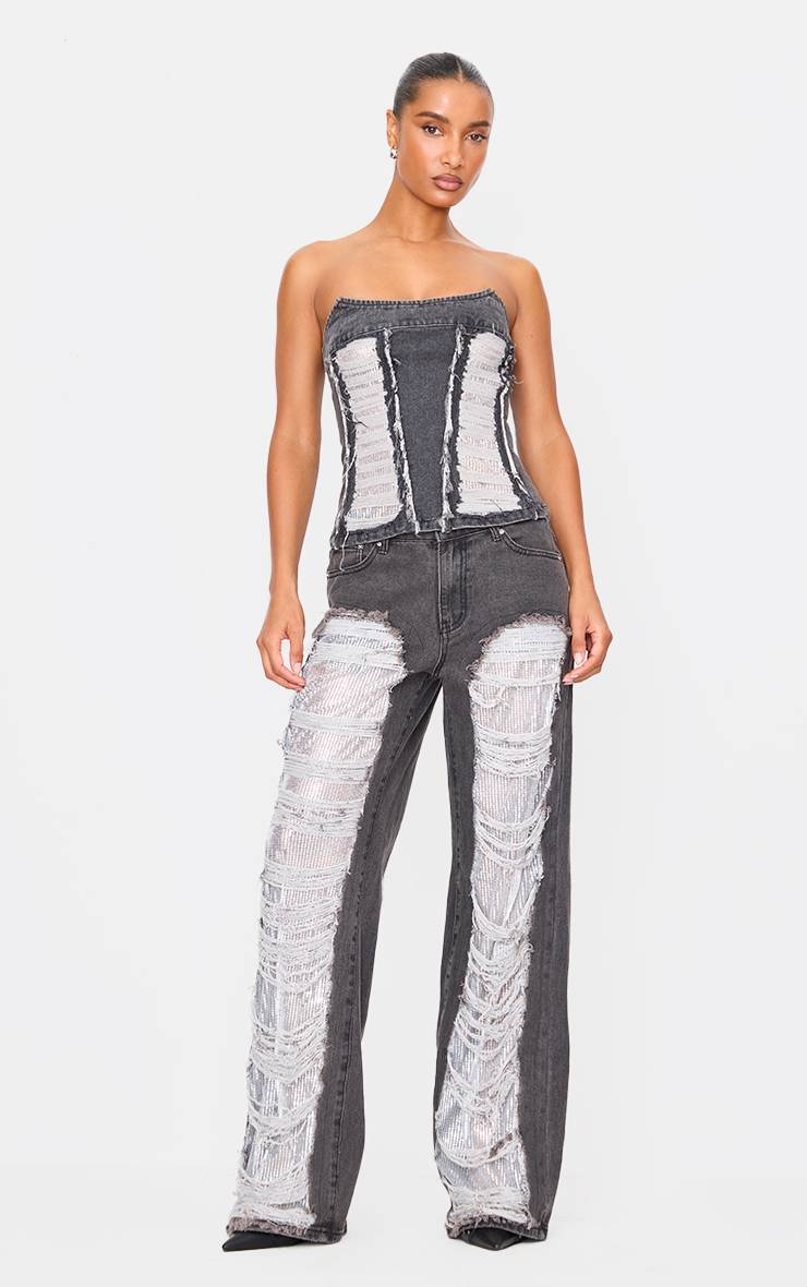 Noir Délavé Jean Droit À Effet Usé Extrême Avec Empiècements À Sequins