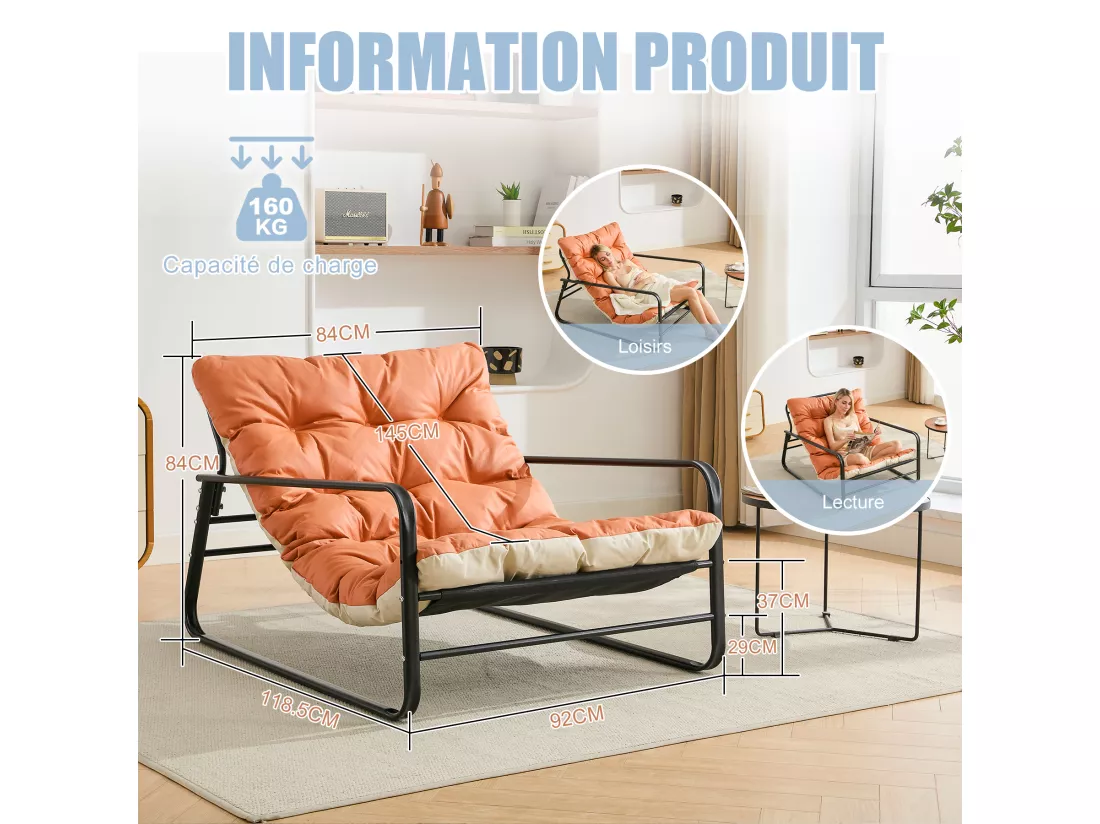 Fauteuil Salon Chaise Longue de Jardin avec Coussin Réversible Chaise rembourrée en Acier Chaise Longue de Loisirs Orange