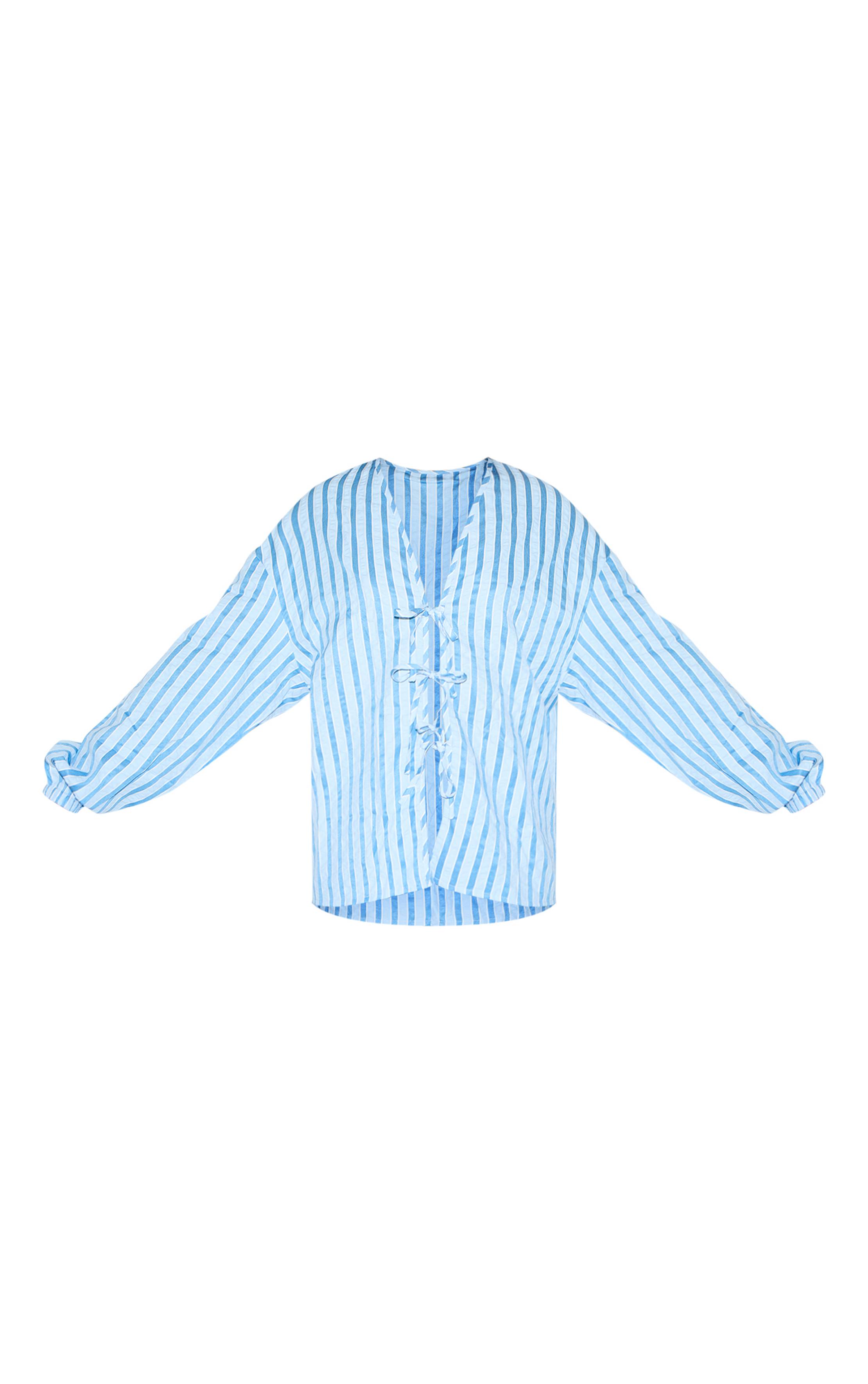Bleu Chemise Texturée À Rayures Avec Nœud Devant