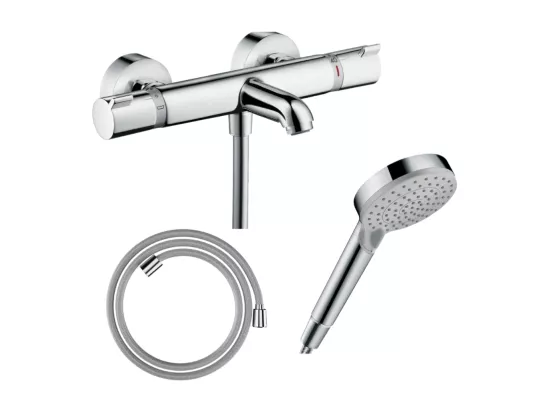 Pack mitigeur bain thermostatique HANSGROHE EcostatComfort + Flexible Designflex 1,6m + Pommeau Vernis Blend EcoSmart 2jets chromé