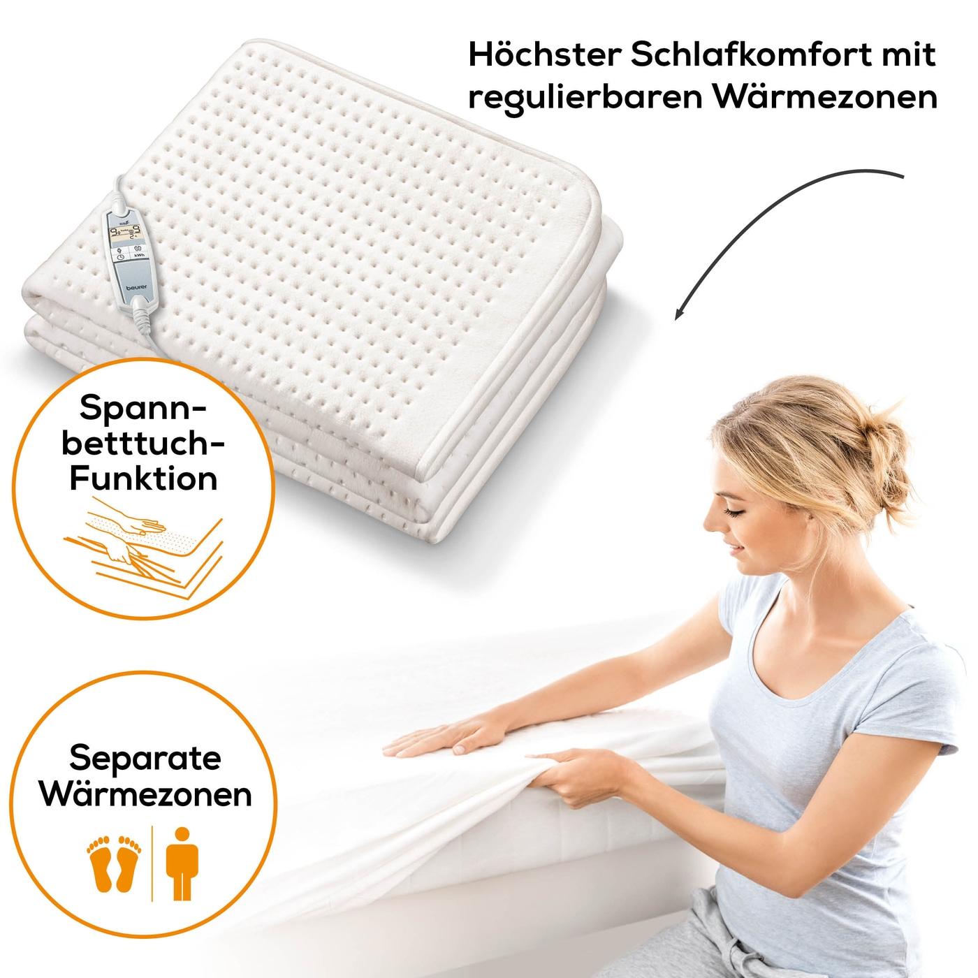 (200x100cm) UB 100 Spann-Wärmeunterbett Elektrische Flausch Heizdecke mit 9 Modi   Timer (37500) - Weiss