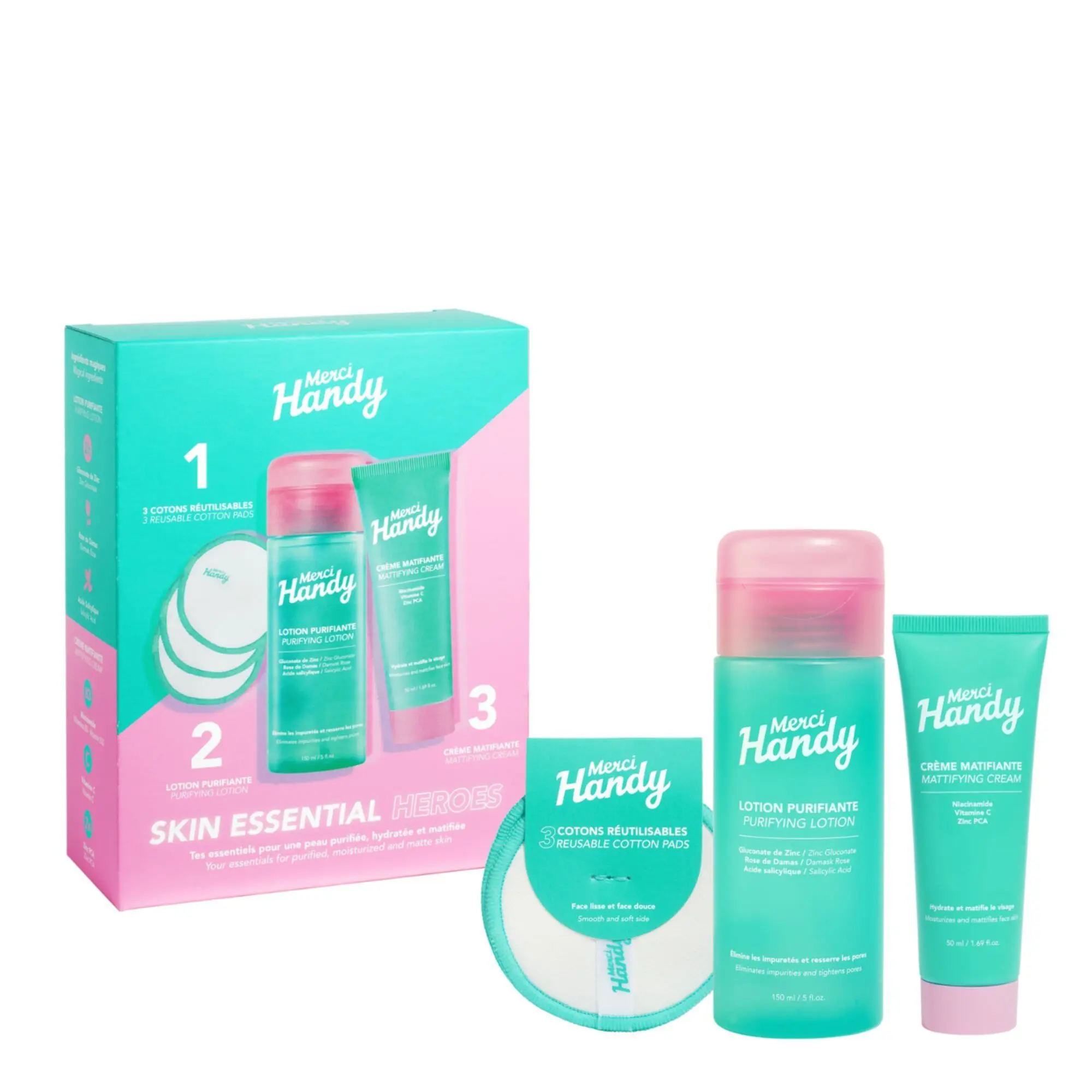 Merci Handy - Coffret Skin Essential Heroes Lotion Purifiante, Crème Matifiante & Cotons Réutilisables- Femme