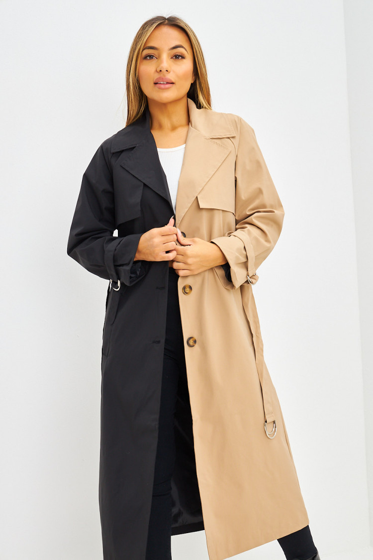 Trench long bicolore noir et beige foncé