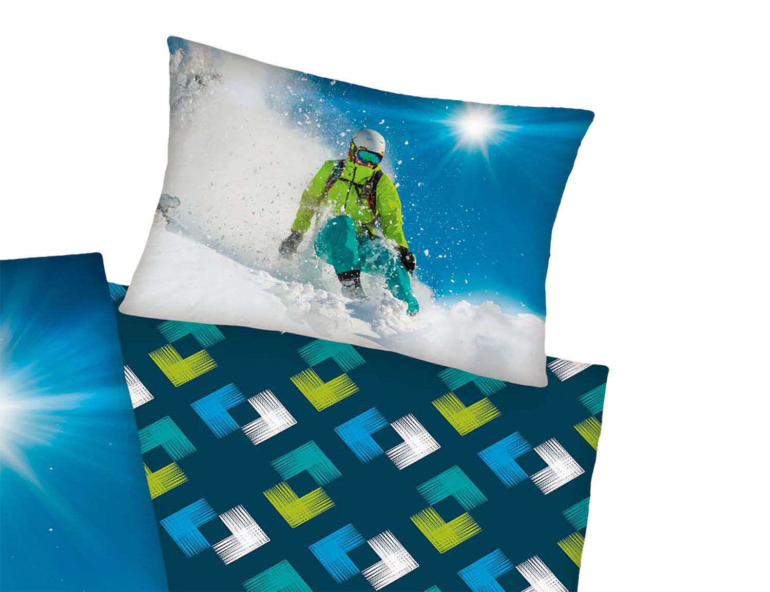 Bettwäsche mit Skifahrer im Tiefschnee