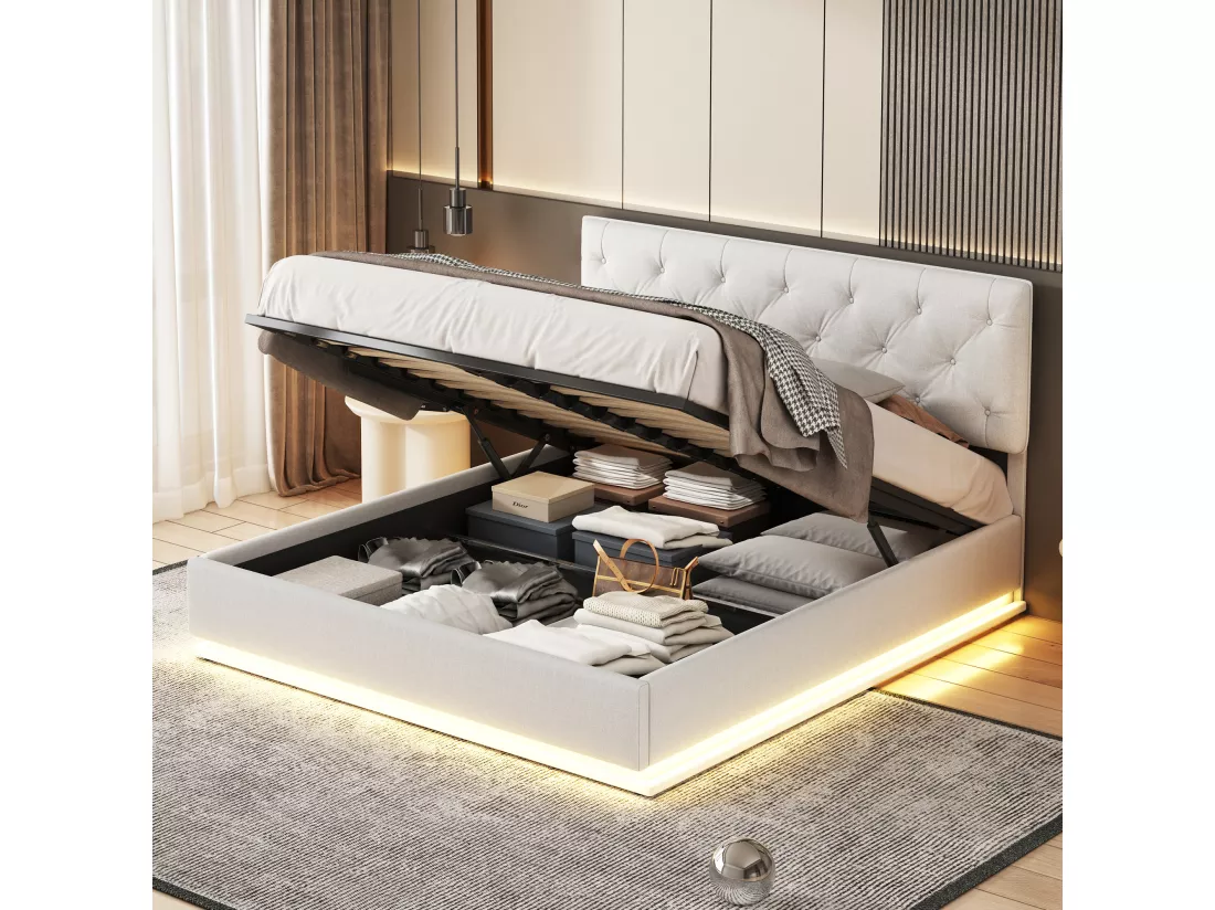 Lit 140x200cm - Espace de Rangement - Sommier à Lattes - Eéclairage LED et tête de lit relevable - Lin - Beige