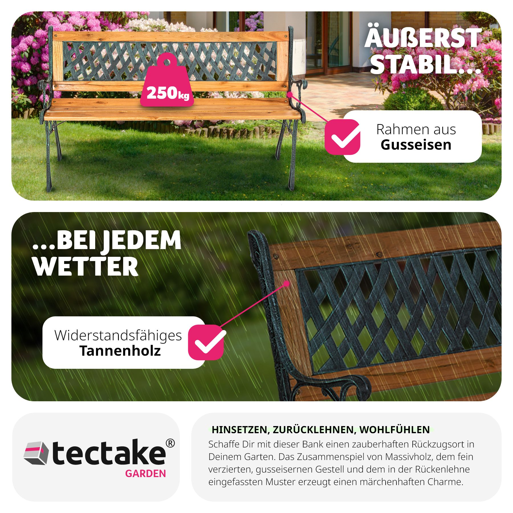 tectake® Gartenbank, 2-Sitzer, wetterfest, 128 x 51 x 73 cm