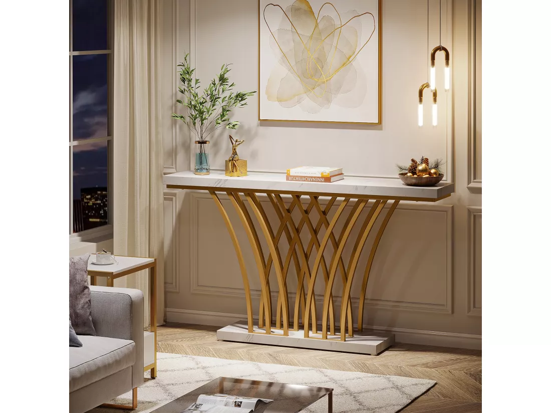 Tribesigns Table Console dorée - 150 x 29,5 x 80 cm - Moderne - avec Pied en métal en Forme de Grille - pour entrée, Couloir, entrée, Salon (Blanc)