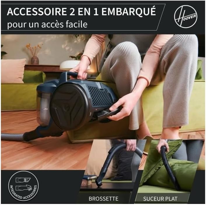 Hoover HP1 Staubsauger ohne Beutel, kompakt und leistungsstark, Schlitten mit Kabel, leicht, EPA-Filter, 2-l-Tank, integriertes Zubehör [HP110HM 011]