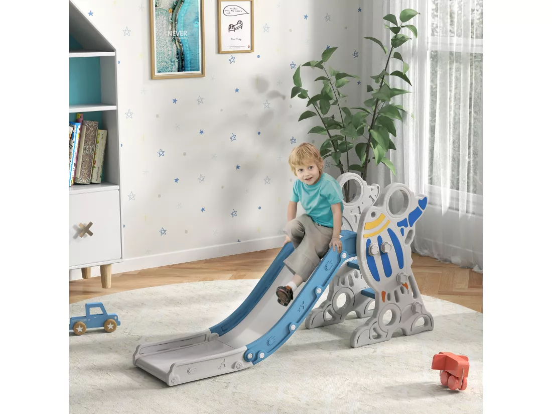 Toboggan enfant 18-36 mois design fusée - usage intérieur - dim. 157L x 46,5l x 80H cm - PE bleu blanc