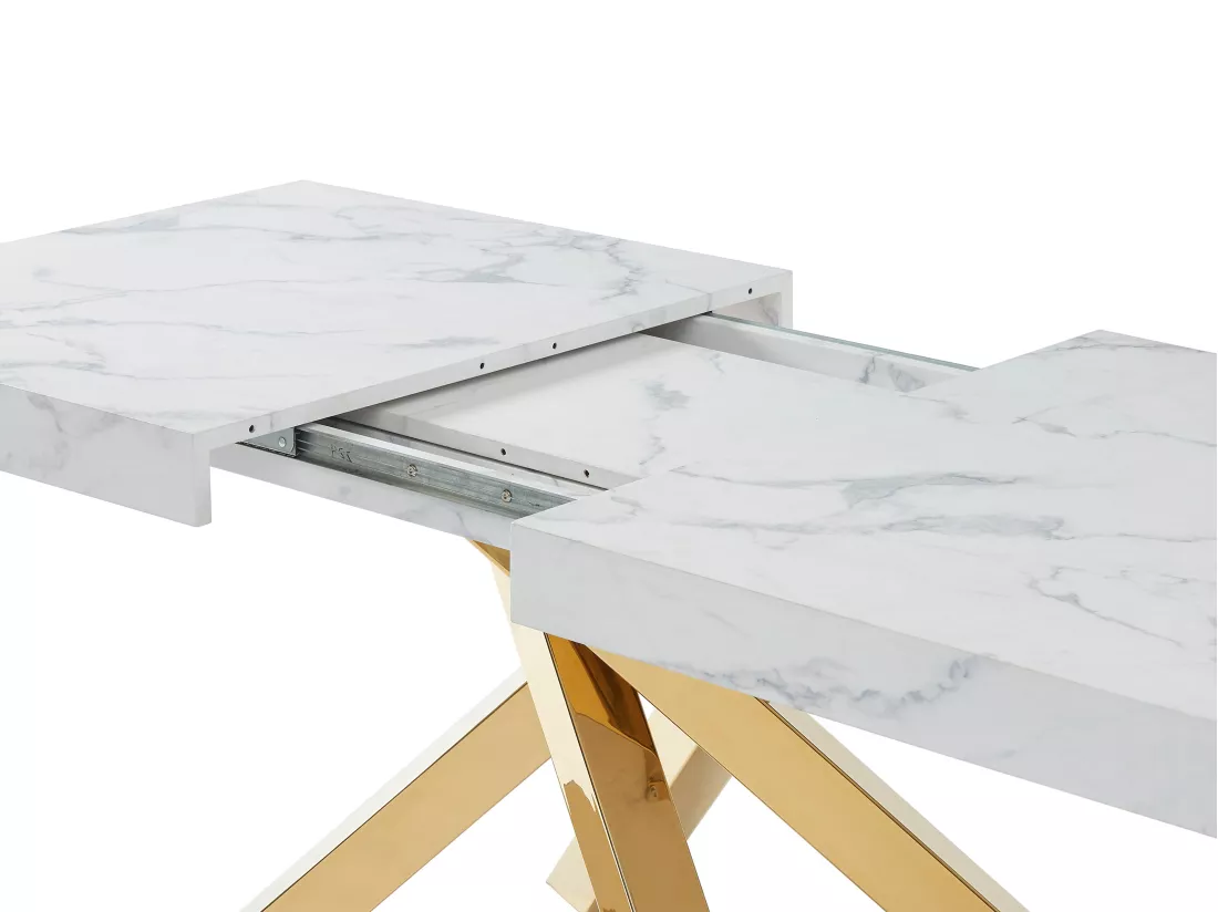 Table à manger extensible 6 à 10 personnes en MDF et métal - Effet marbre blanc et doré - CATONAV
