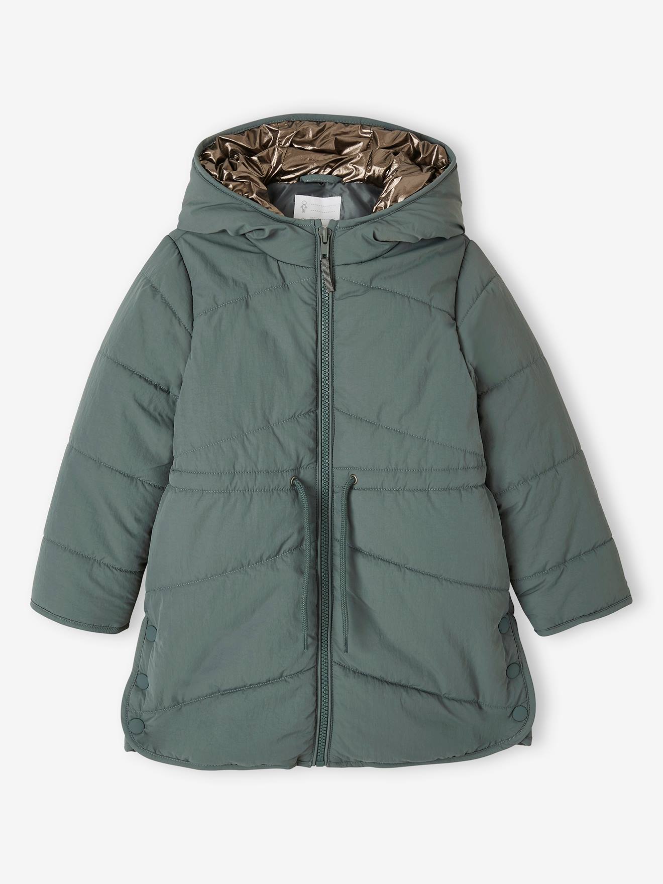 Jaqueta longa e leve acolchoada com capuz brilhante para meninas, verde