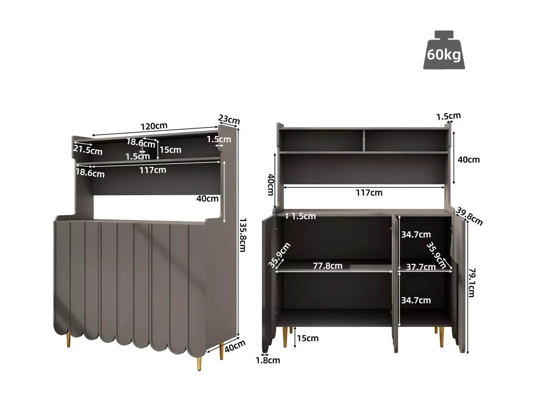 Buffet de cuisine avec 3 portes et étagères de rangement ouverte - 120 x 40 x 151 cm - Bois MDF - Gris