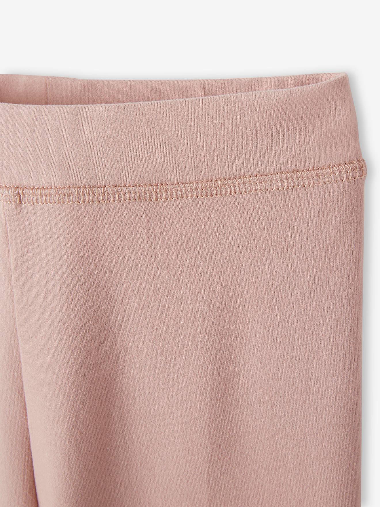 Leggings esportivas lisas rosa claro para meninas com letras metálicas na perna.