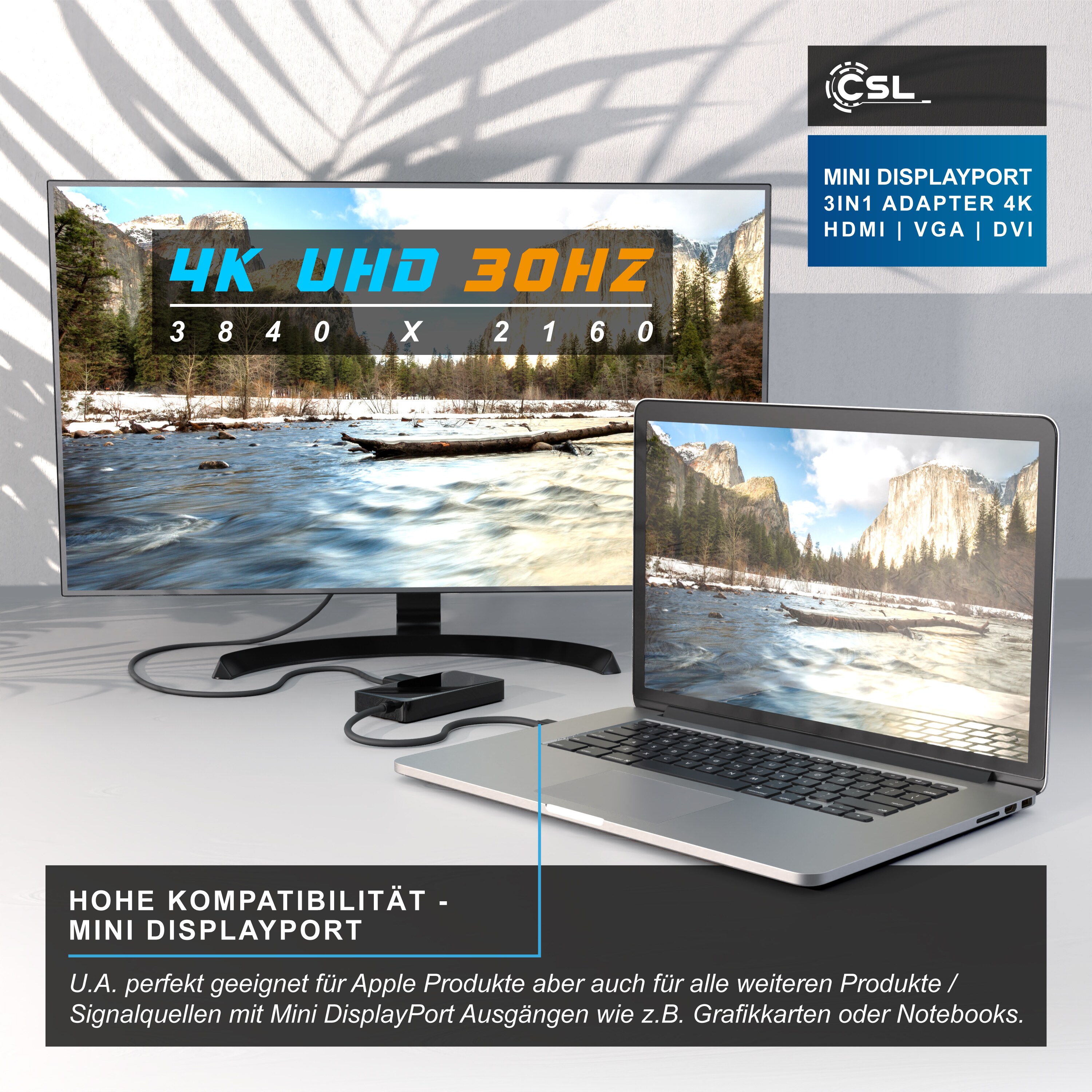 CSL 3in1 Mini DisplayPort zu HDMI, DVI, VGA Adapter Konverter, miniDP 1.2 4k 3840x2160 UHD 2160p, 0,15m