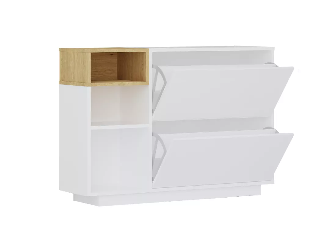 Meuble à chaussures avec 2 compartiments abattants et 3 niches - Blanc et naturel - VYLARA