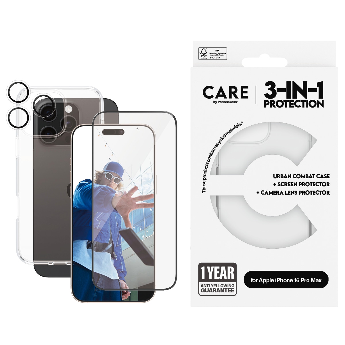 CARE by PanzerGlass Displayschutzglas »3-in-1 Protection, Glass, Case, Lenscover« für Apple iPhone 16 Pro Max Displayschutzfolie, Schutzfolie, Bildschirmschutz, kratz- & stossfest