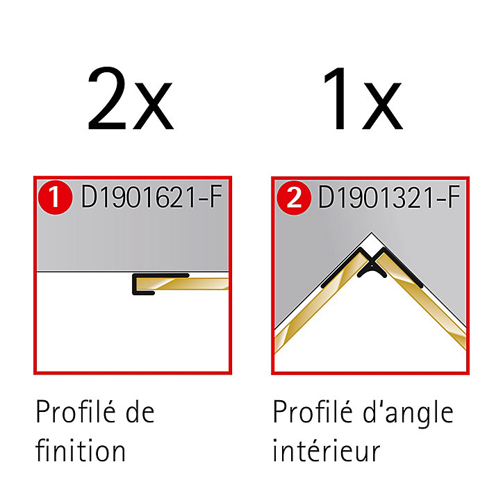 Lot de 2 profilés de finition + 1 profilé d'angle intérieur pour panneaux muraux Schulte DécoDesign, aspect chromé