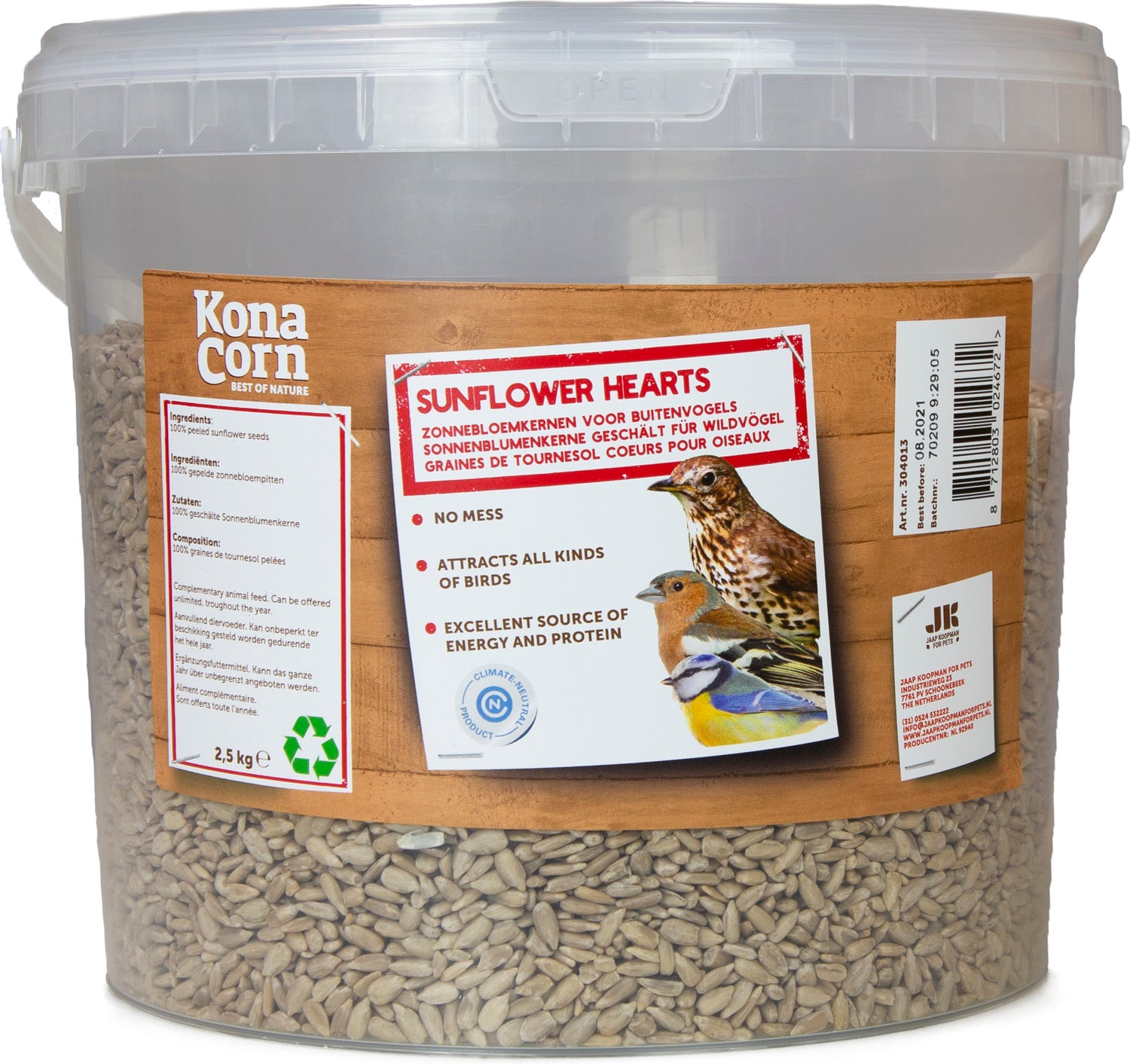 KonaCorn tuinvogelvoer zonnebloemkernen emmer 2,5 kg