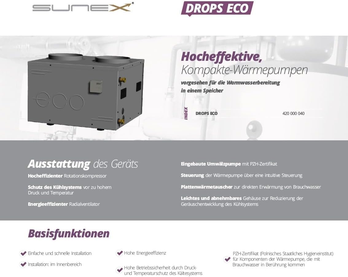 Wärmepumpe DROPS ECO – hocheffizientes Kompaktgerät zur Warmwasserbereitung mit Rotationskompressor, Plattenwärmetauscher & Umwälzpumpe, COP bis 4,5, Energieklasse A+, für Innenbereich