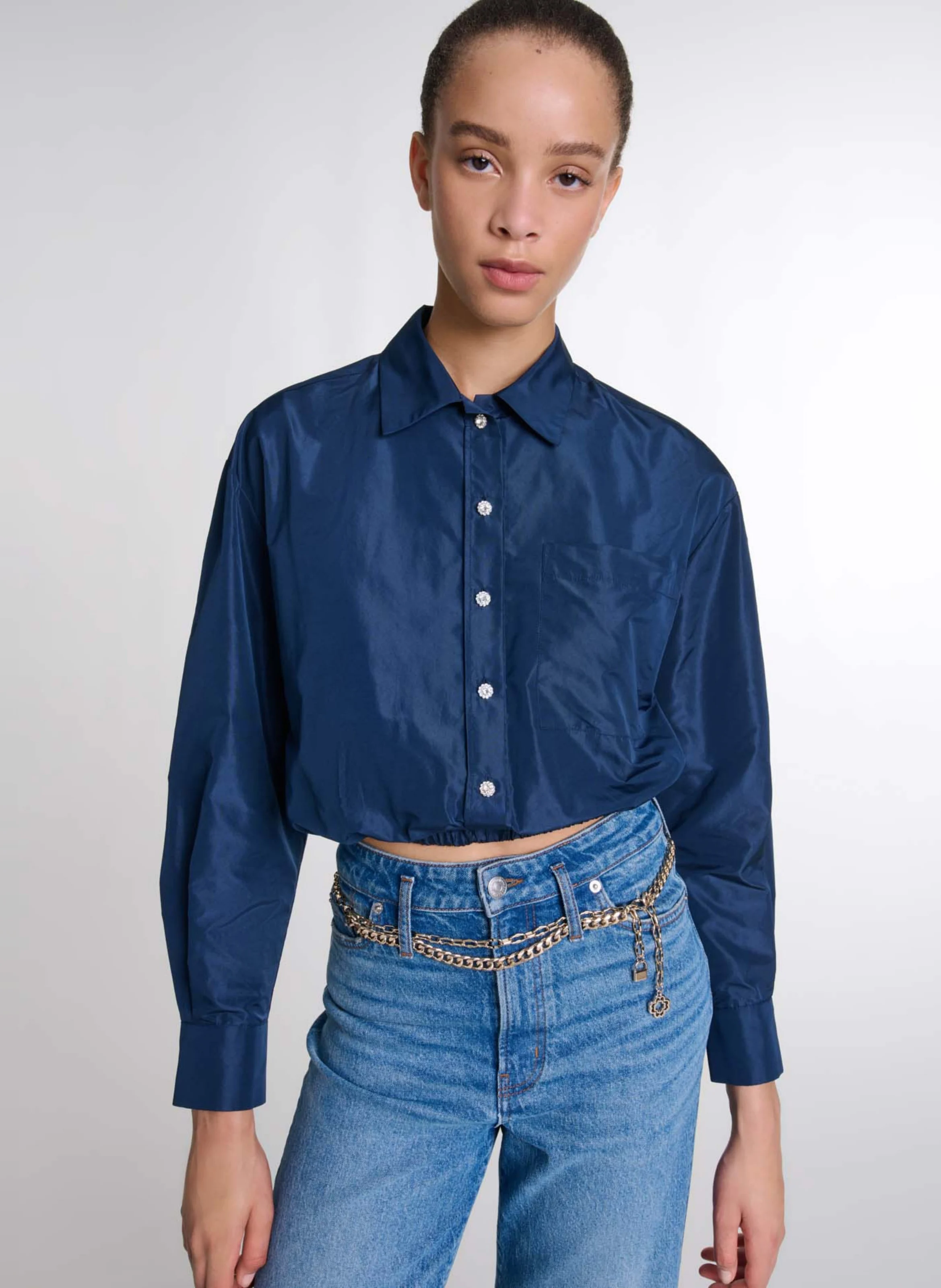 Chemise courte satinée| Bleu