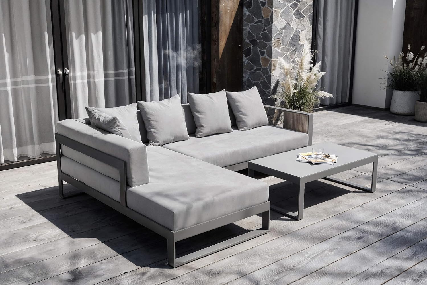 OUTFLEXX Willis Loungemöbel, grau, Aluminium, 5 Personen, Tisch 110x60x36 cm, Tischplatte aus Glas