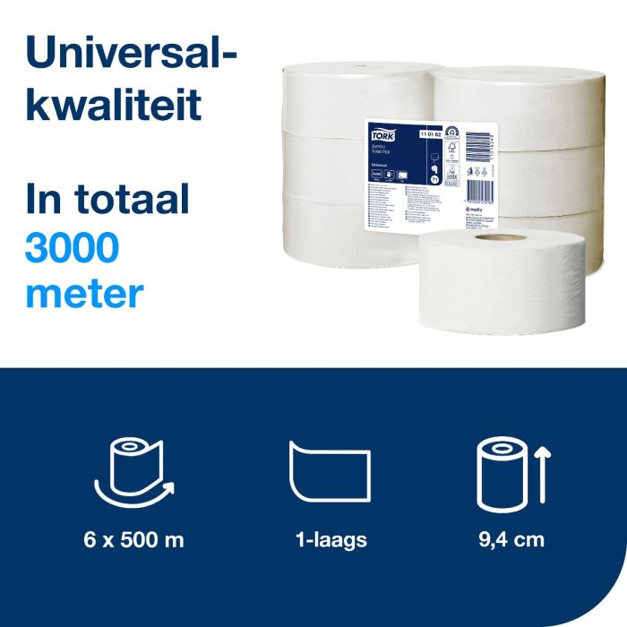 Tork 110162 T1 toiletpapier jumbo Advanced 1laags wit 500 mtr x 10 cm pak à 6 rol (110162)