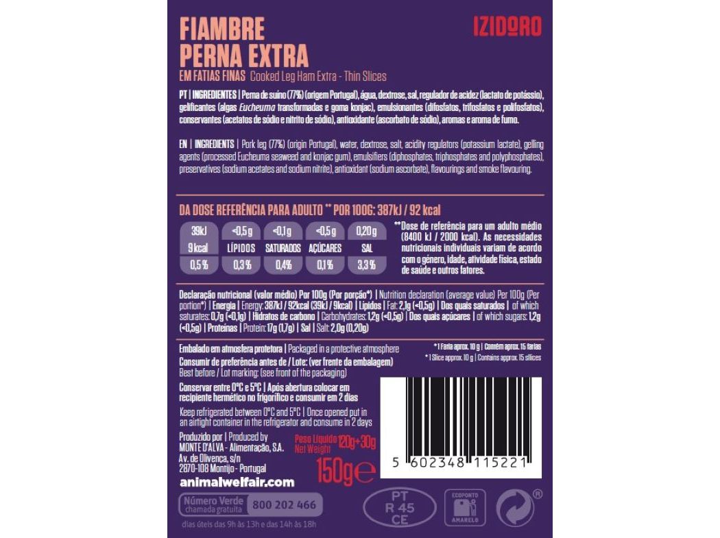 FIAMBRE DA PERNA EXTRA IZIDORO FATIAS FINAS 120G 30G