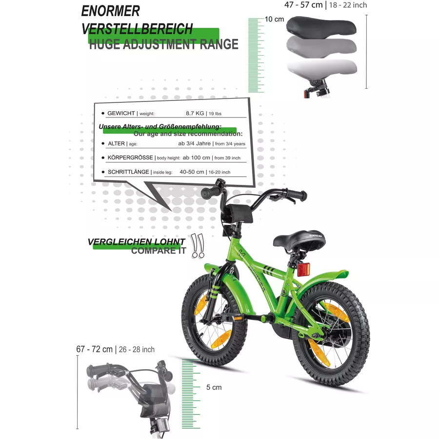 PROMETHEUS BICYCLES® HAWK Kinderfahrrad 14 , Grün-Schwarz mit Stützrädern