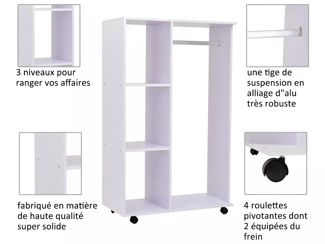 Portant à vêtements penderie mobile avec roulettes 3 étagères latérales + grand espace penderie panneaux particules blanc