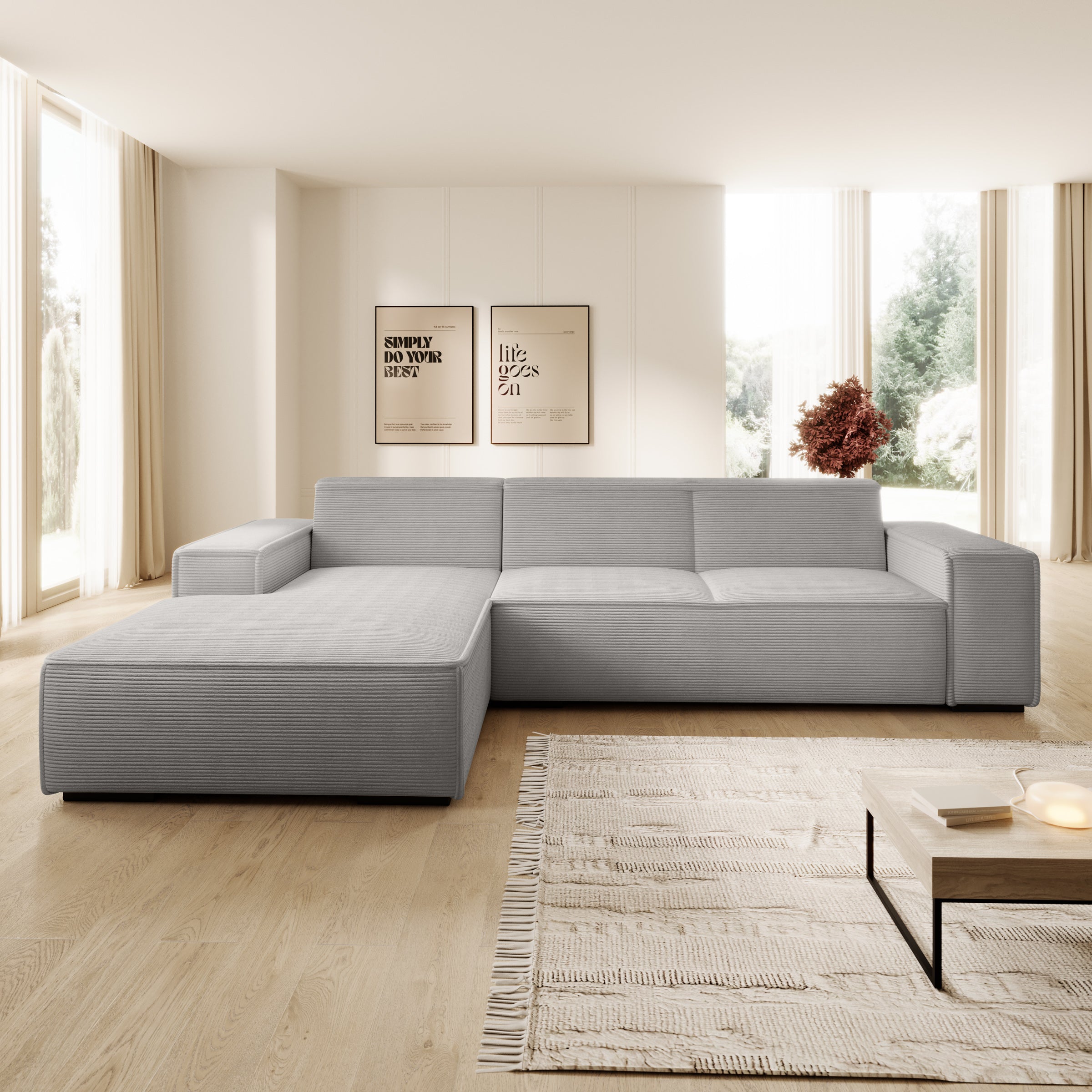 Cardiff - Hoekbank 3-zits met chaise longue - Ribstof grijs - Links