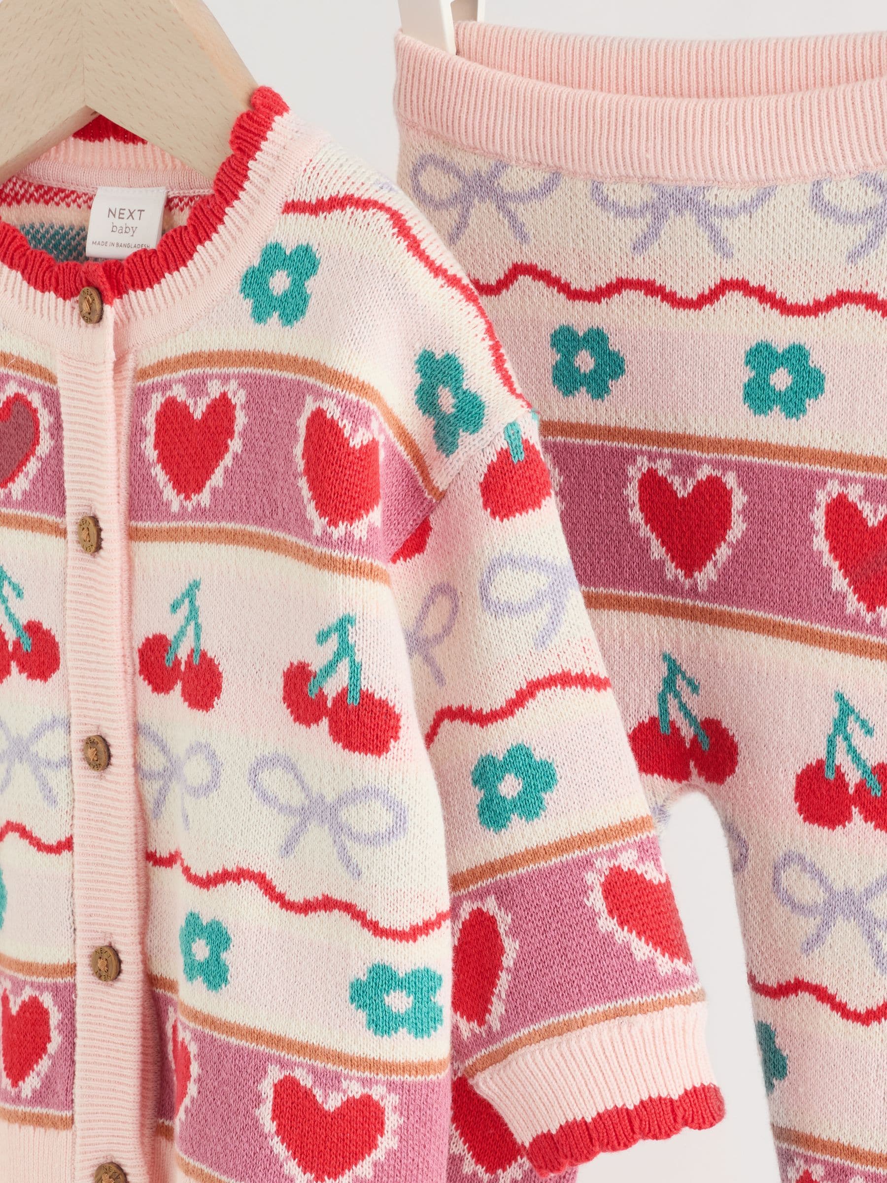 Rood/roze kersen - 2 -delige gebreide baby set met vest en legging (0mnd -3jr)