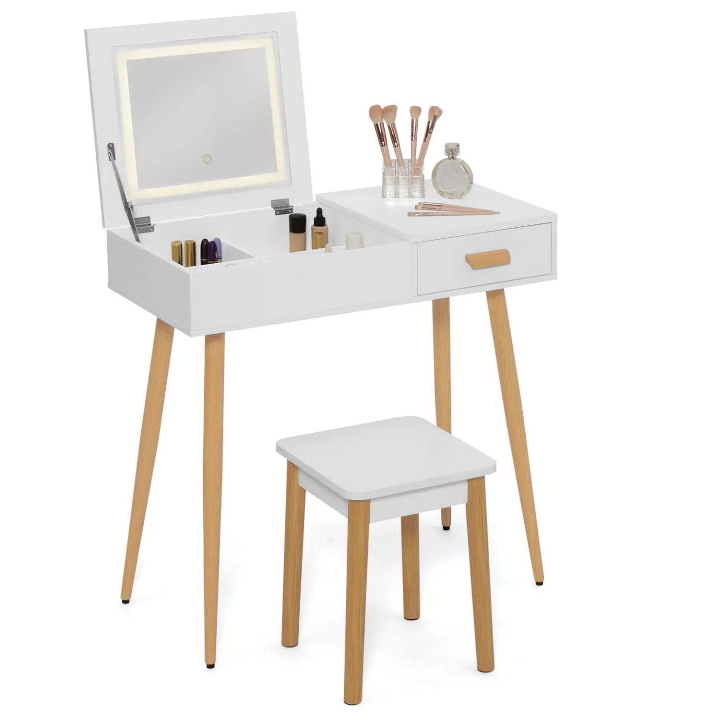 Coiffeuse scandinave LISA blanche miroir rabattable LED et tabouret