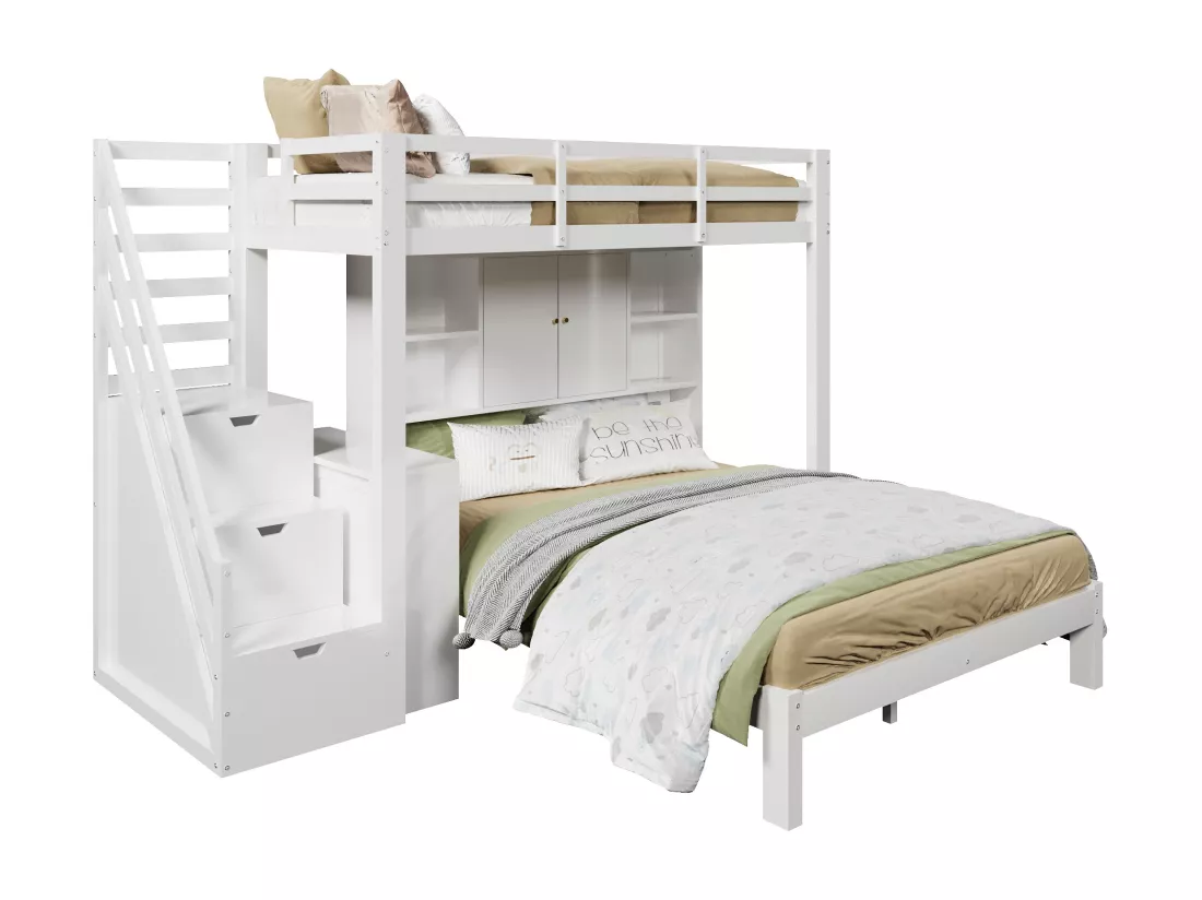 Lit superposé enfant 90x200 cm + 140x200 cm - avec escalier de rangement et bureau amovible - en Bois massif et MDF - Blanc