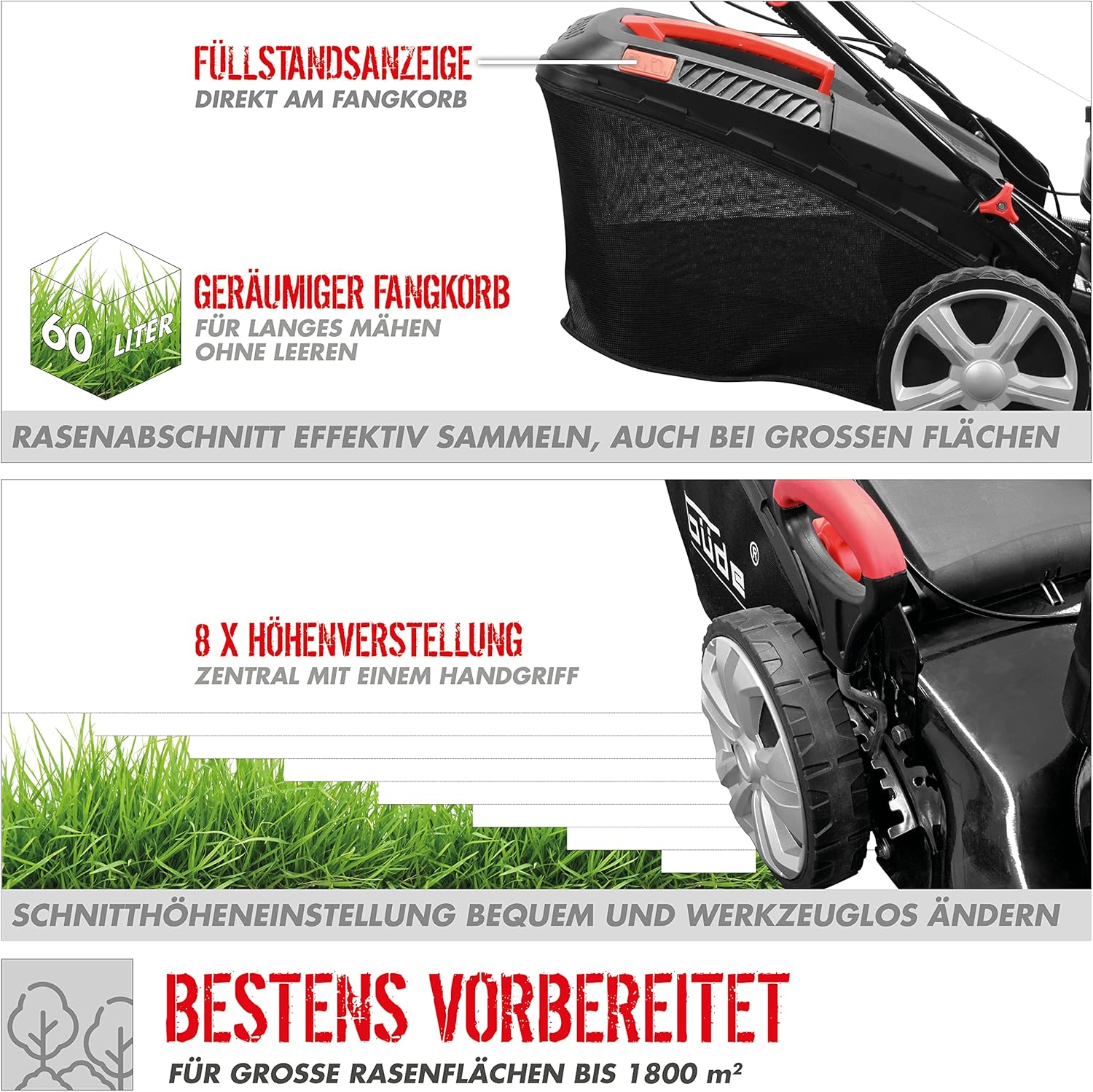 Güde Rasenmäher Big Wheeler 514.7 R (Motor: 4-Takt Power-Engine S 592 V, Motorleistung: 3,5/4,8 (kW/PS), Schnittbreite: 50,8 cm, Radantrieb, 60l Grasfangsack, 8-fache zentrale Schnitthöhenverstellung