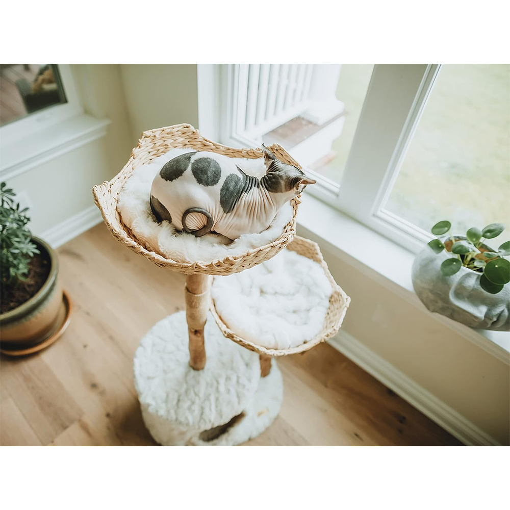 (119cm) Holzstamm Katzen Baum Sisal Kratzsäulen mit Rattan Körben / Spiel Bälle / Plattform / Häuschen - Weiss / Braun