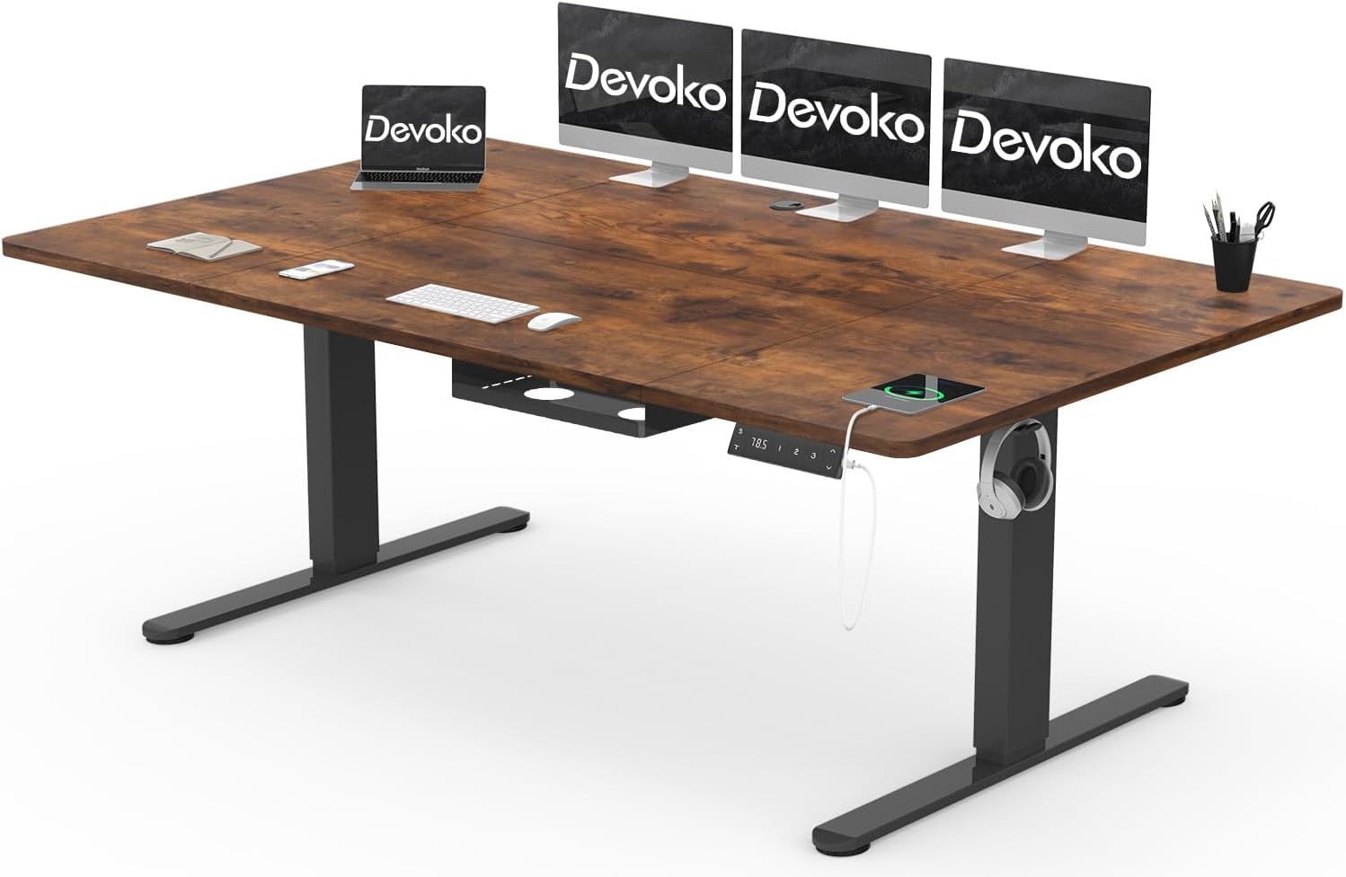 Devoko Höhenverstellbarer Schreibtisch 200x100cm mit Typ-C Ladeanschluss, Schreibtisch Höhenverstellbar Elektrisch, Mobiler Elektrisch Computertisch mit Kabel Management Tray, Vintage-Braun