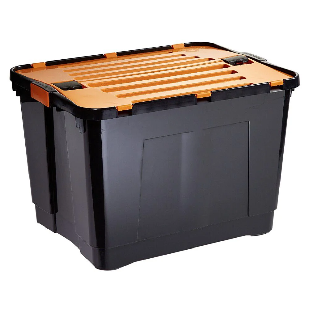 Box de rangement brico noir avec couvercle orange à double ouverture 80L