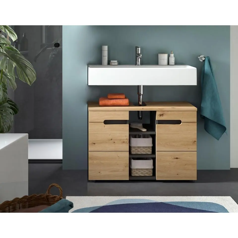 Hioshop Canu wastafel 2 deuren- 3 planken eiken decor- grijs