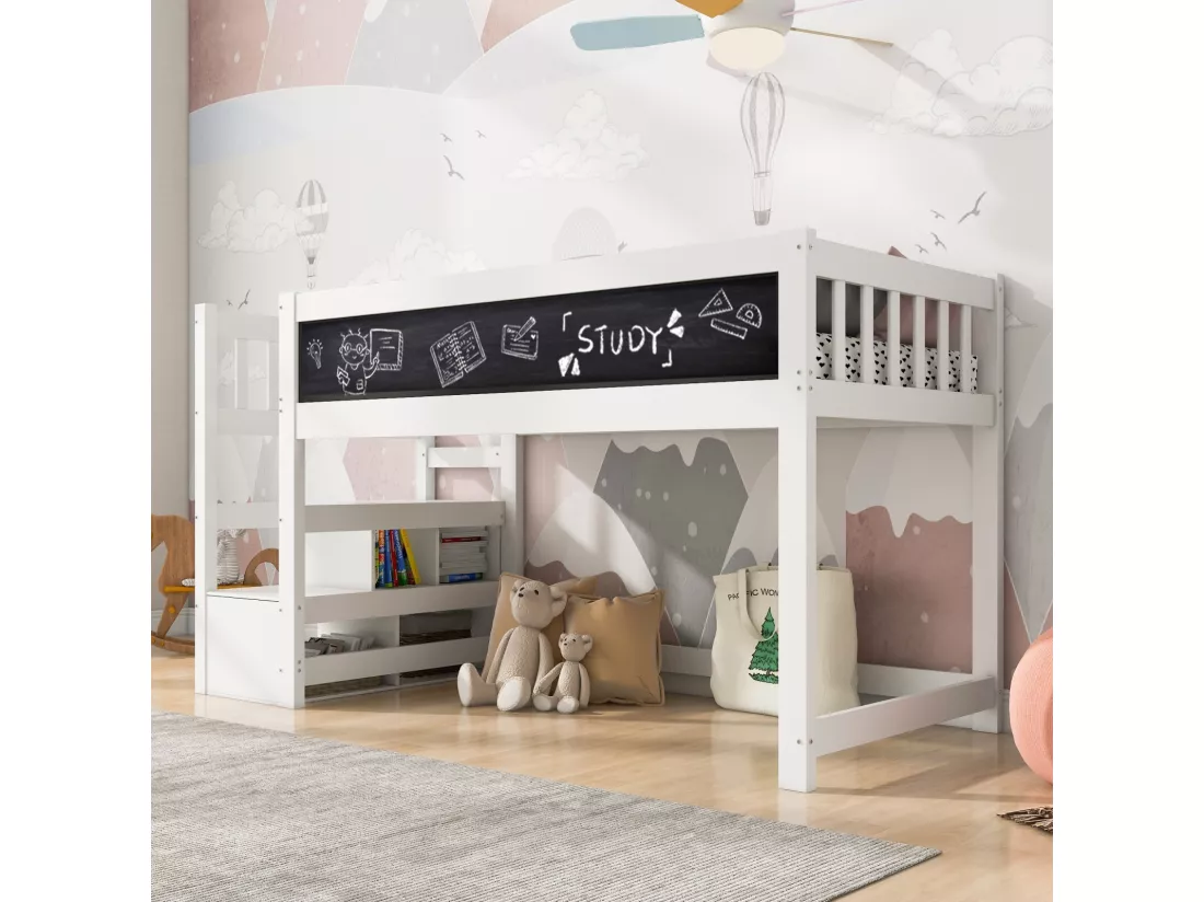 Lit mezzanine enfant 90x200cm avec escalier de rangement et tableaux - Pin de certification EN747 - Blanc