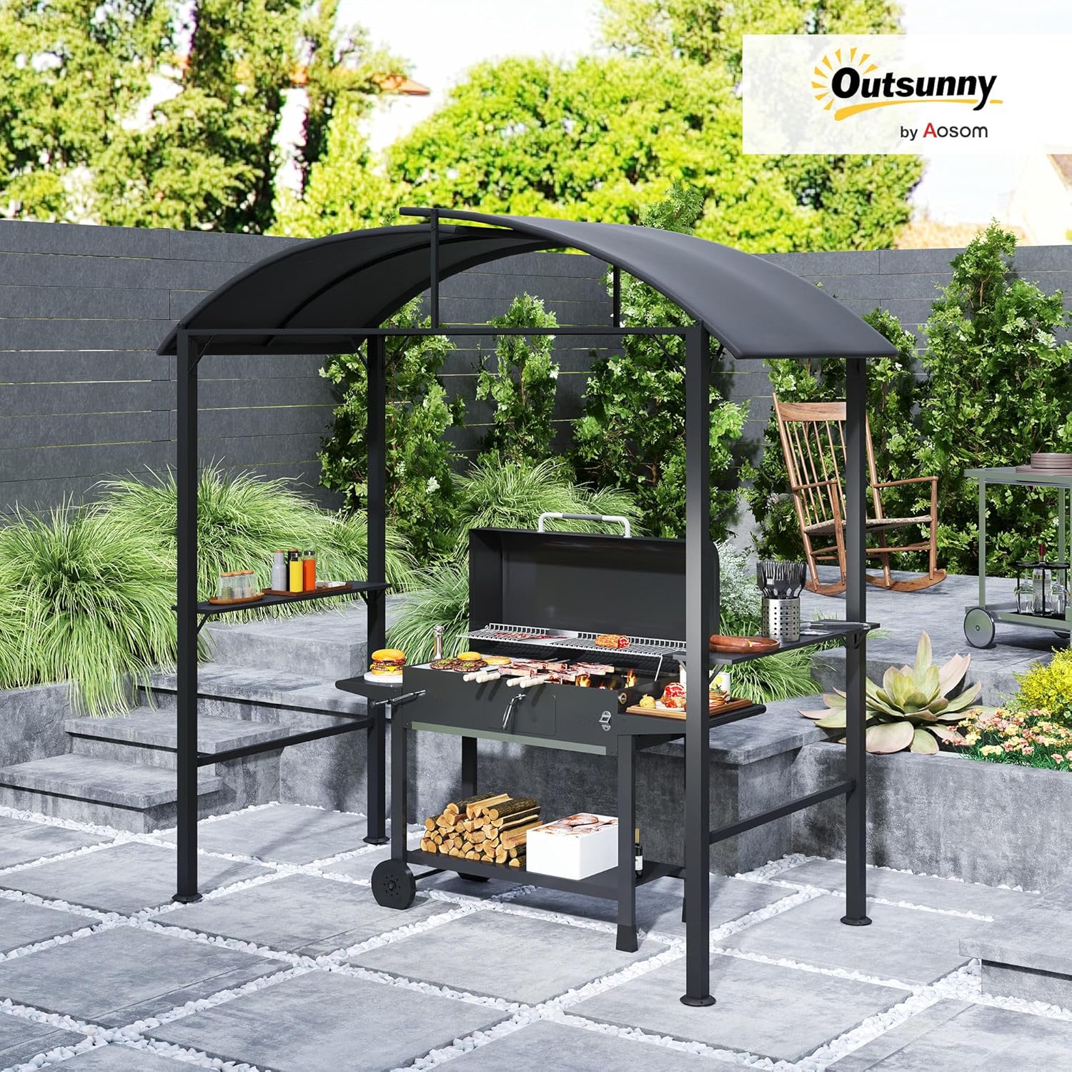 Outsunny Grillpavillon 233 x 110 x 235 cm Winddicht Gartenpavillon mit Doppeldach,Regalen, Gartenlauben mit UV-Schutz, BBQ Pavillon aus Stahl, Gartenzelt Grillzelt für Party BBQ, Dunkelgrau