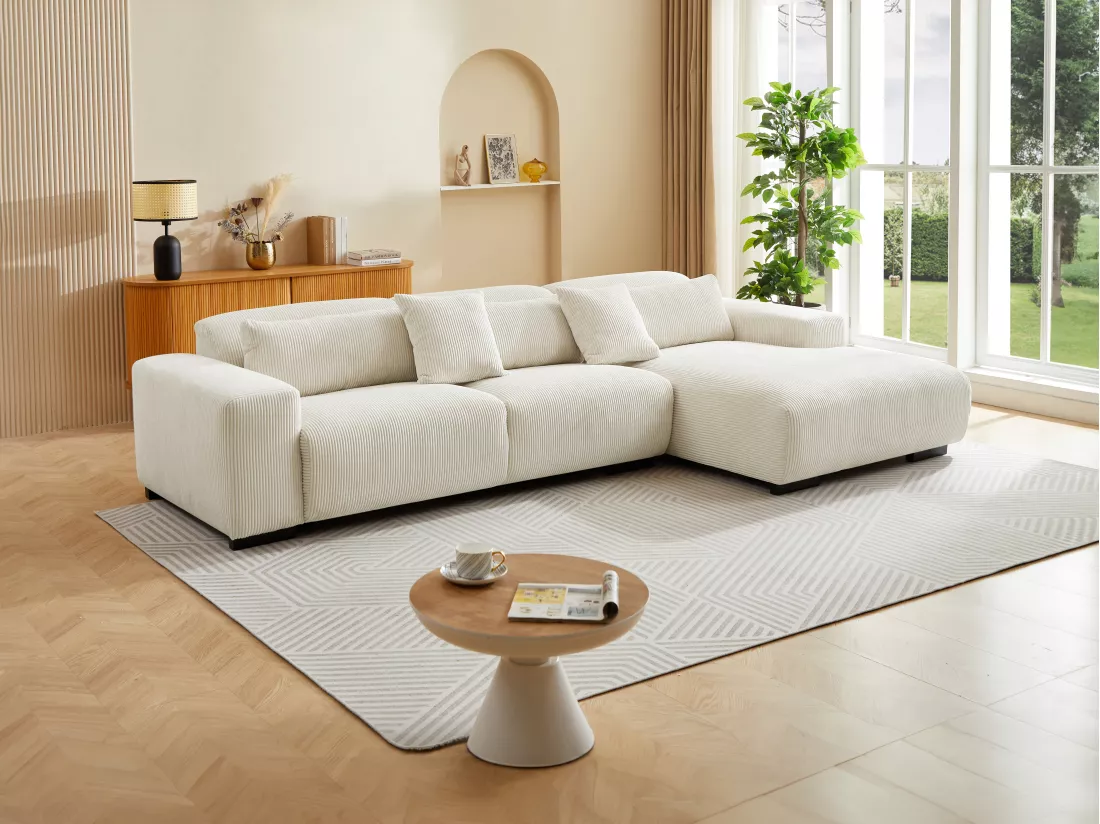 Canapé d'angle droit en velours côtelé beige OVENTINO