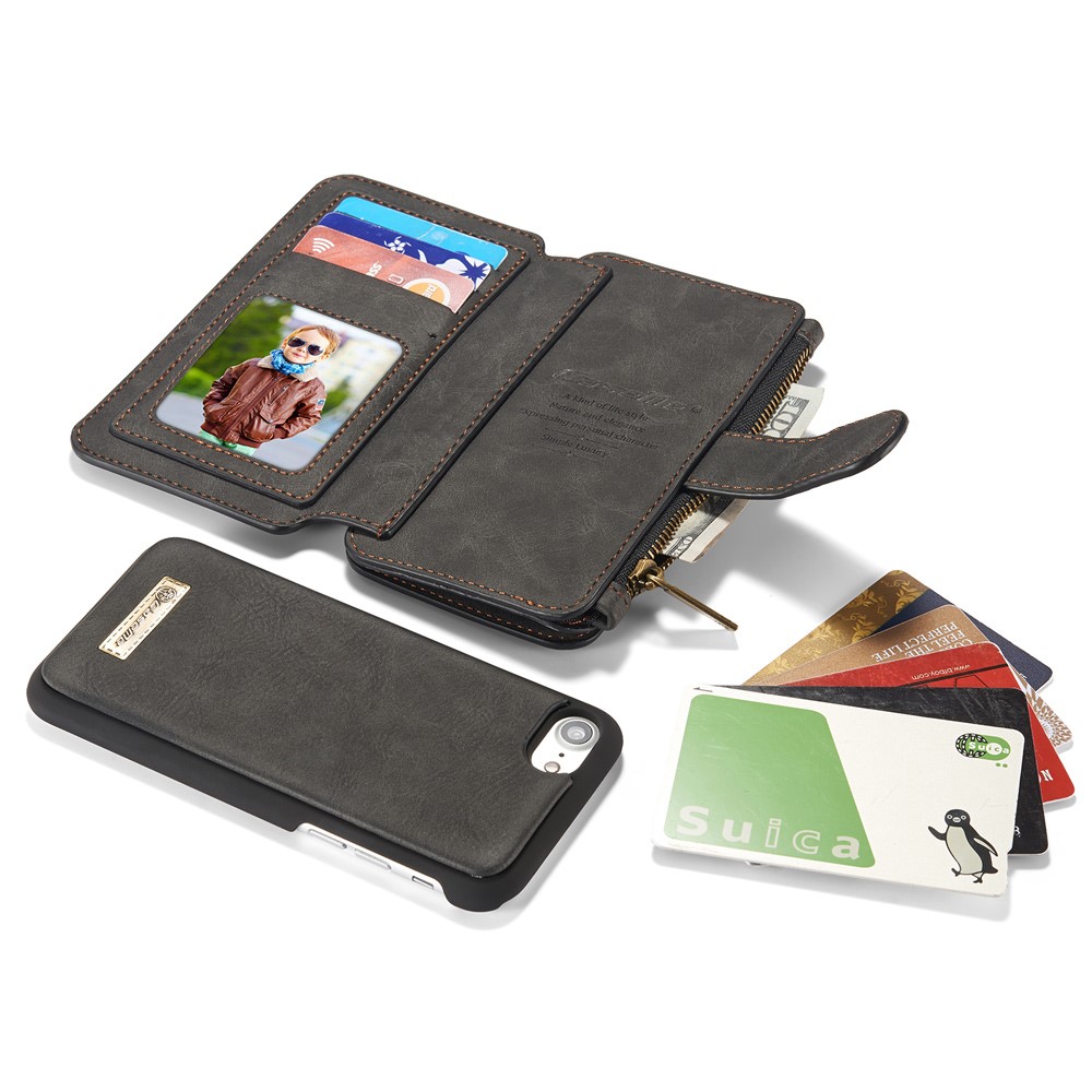 iPhone SE (2022/2020) / 8 / 7 3in1 Leder Tasche   Magnet Hardcase und Karten Etui (Vertikal Ausklappbar) - Schwarz