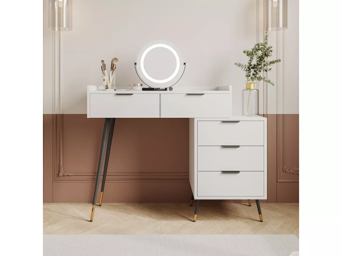 Coiffeuse Table de rangement avec miroir LED et tablette coulissante,Vanity avec 5 tiroirs,Blanc