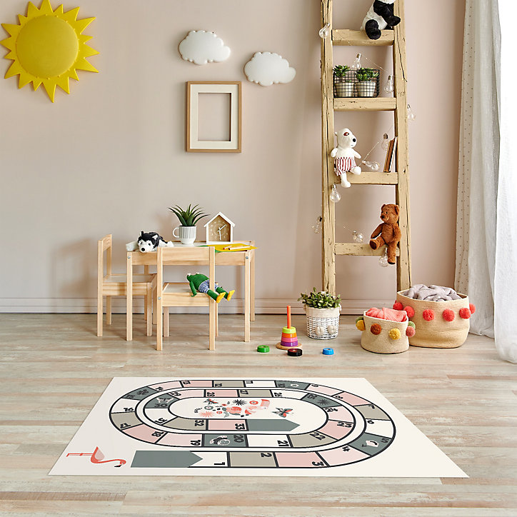 Tapis vinyle motif jeu de l'oie rose, gris et blanc L.95 x l.66 cm x ep. 2 mm