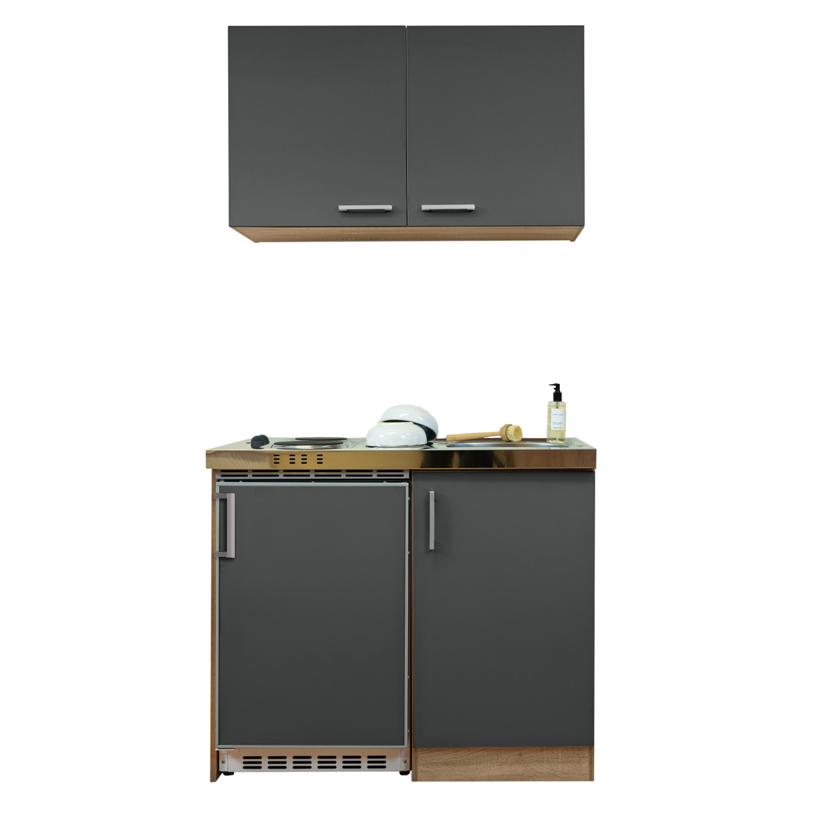 RESPEKTA Miniküche LEVIN - grau - Eiche sägerau - mit E-Geräten - 100 cm