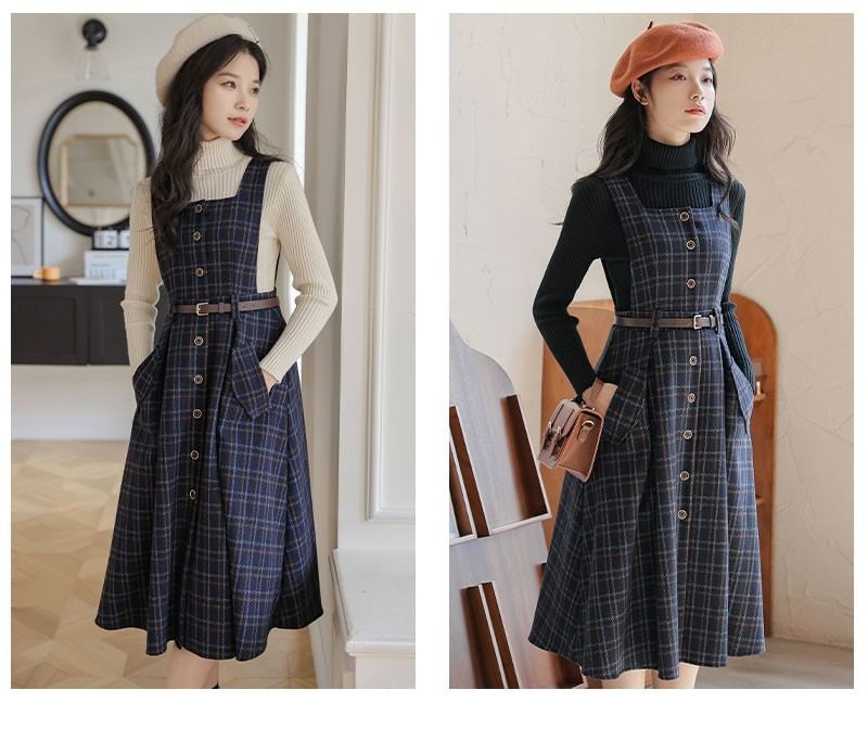 sansweet - Set: Mock Neck Plain Sweater + Plaid Overall Midi A-lijn Jurk