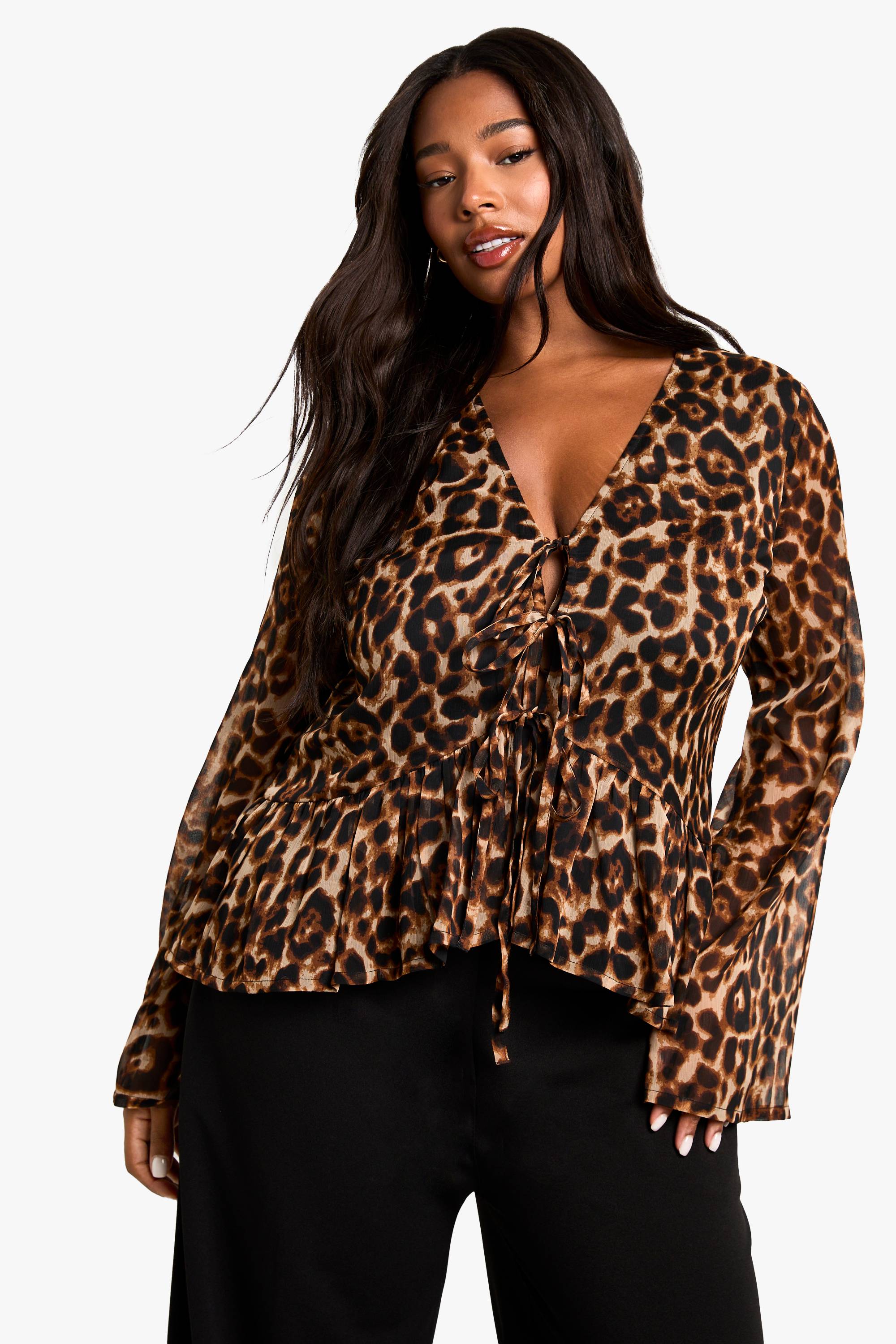 boohoo plus leopard tie front ruffle blouse
