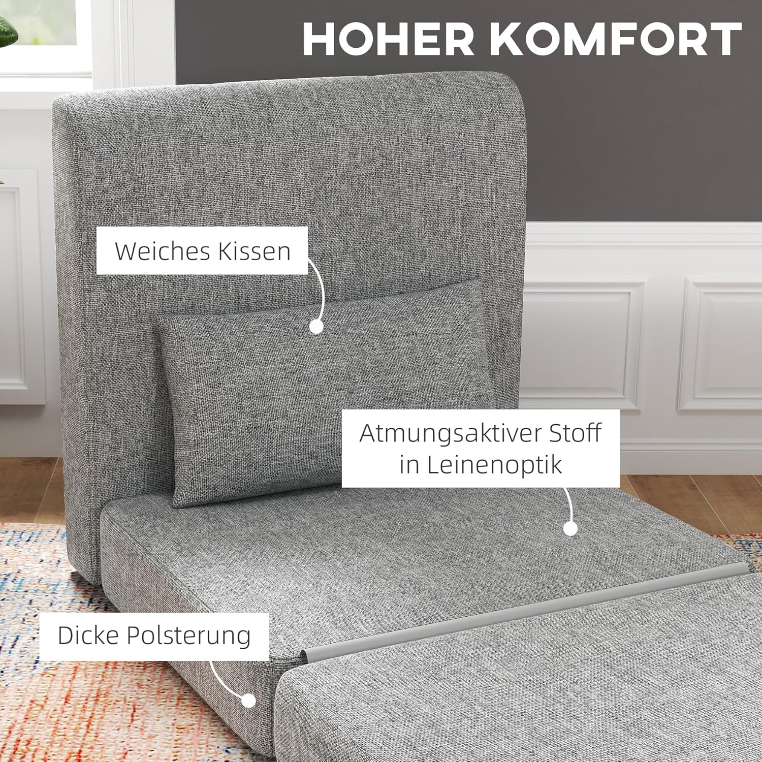 HOMCOM 2 in 1 Schlafsessel klappbar Schlafsofa mit Bettfunktion Leinenoptik, Gepolstert Gästebett Klappsessel Klappmatratze Bodensessel für Wohnzimmer Schlafzimmer 80x75x74cm Grau